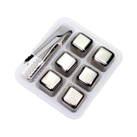 Stainless Steel Ice Cubes - Set of 6 Reusable Chiller Stones with Tong