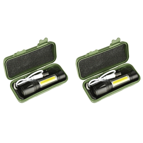 Mini Alloy USB Rechargeable Torch Flashlight with Zoom & Side Light - 2 set