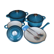 Load image into Gallery viewer, LMA Branded 7 Piece Cast Iron Cookware Set &amp; Two Piece Utensil Set - Teal
