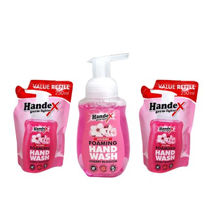 Handex Foaming Hand Wash & 2 Refill Packs - Cherry Blossom 250ml Buy Online in Zimbabwe thedailysale.shop