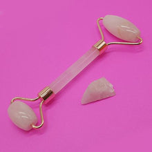 Load image into Gallery viewer, PurpleX Rose Quartz Facial Roller With Raw Rose Quartz Chrystal
