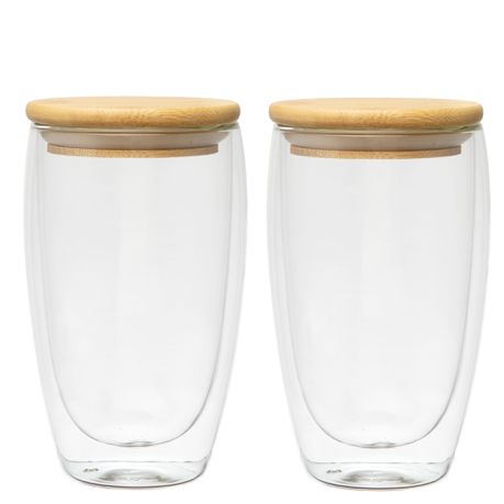 Double Walled Glasses 450 ml With Bamboo Lid , Set of 2 Buy Online in Zimbabwe thedailysale.shop