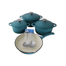 Load image into Gallery viewer, LMA Branded 7 Piece Cast Iron Cookware Set &amp;Two Piece Utensil Set Turquoise
