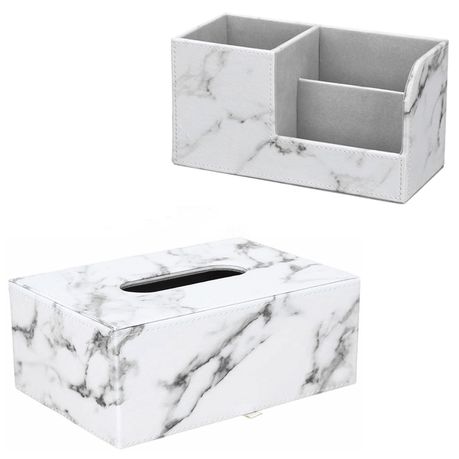 Heartdeco PU Leather Marble Pattern Napkin Tissue Box & Desk Organizer Set Buy Online in Zimbabwe thedailysale.shop