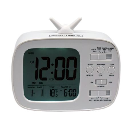 TV Shape Digital Alarm Clock / Temperature & Calendar with Light - White
