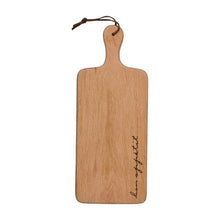 Load image into Gallery viewer, Weathered Oak Paddle Serving Board with Bon Appetit Design

