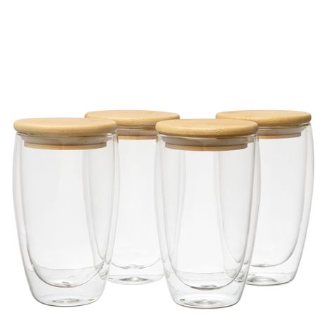 Double Walled Glasses 450 ml With Bamboo Lid , Set of 4 Buy Online in Zimbabwe thedailysale.shop