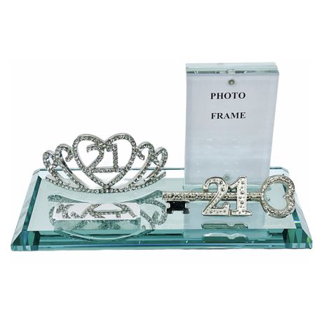 21st Key Silver Tiara on Glass Mirrored Base with Metal and Photo Frame