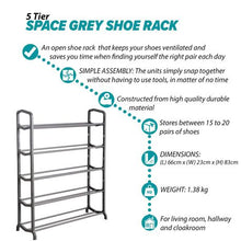 Load image into Gallery viewer, Knight Space Grey 5 Tier Metal Space Saving Lightweight Shoe Rack

