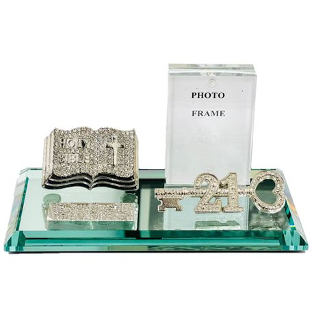 21st Key Silver Holy Bible Diamante Style on Mirror Base, Metal Key & Frame