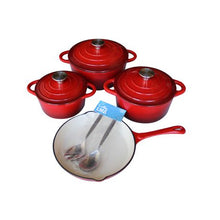Load image into Gallery viewer, LMA Branded 7 Piece Cast Iron Cookware Set &amp; Two Piece Utensil Set - Red
