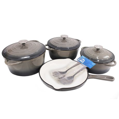 Delicate 7 Piece Cast Iron Dutch Oven Pot Pan & LMA Utensils Set - Charcoal