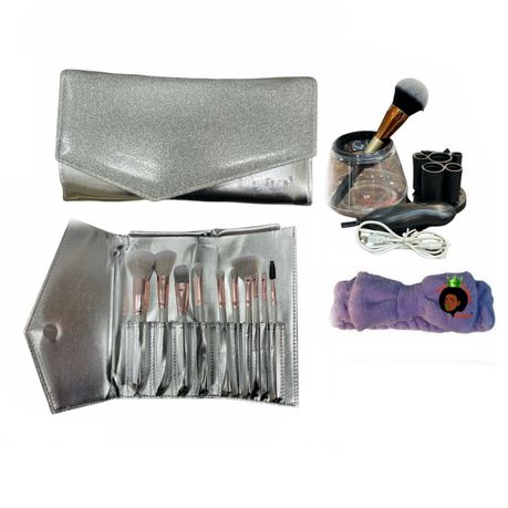 10 Piece Brush Set with Grey Case, Brushes Cleaner & a Makeup Headband