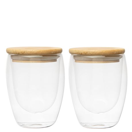 Double Walled Glasses 350 ml With Bamboo Lid , Set of 2 Buy Online in Zimbabwe thedailysale.shop