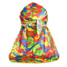 Load image into Gallery viewer, Durag Boss Silky Satin Durag with Extra Length Ties (Camouflage Rainbow)
