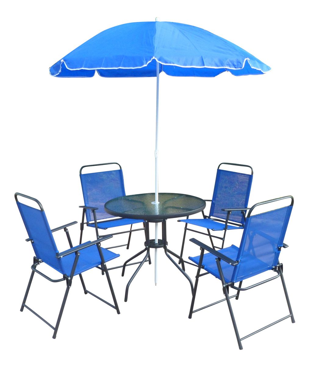 6 Piece Outdoor Dining Round Glass Patio Table Chair Umbrella Set - Blue